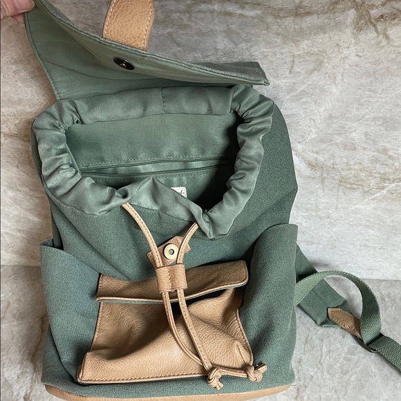 Canvas Green and Tan Leather Drawstring Backpack Purse - Picture 5 of 6